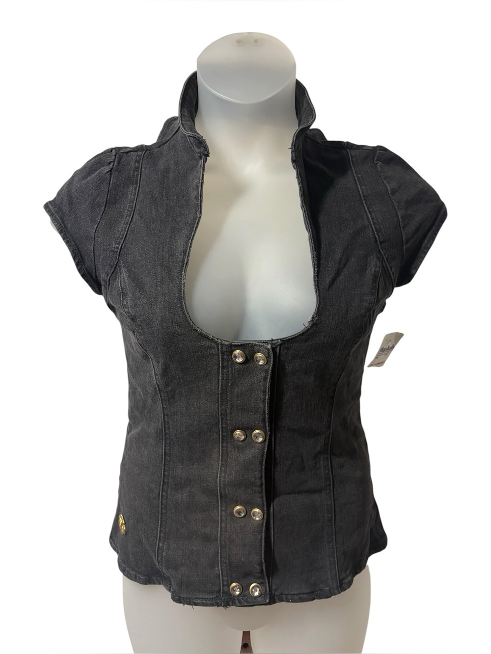 Dereon Black Short Sleeve Button-Front Denim Top